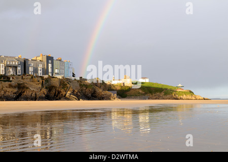 Rainbow over Georgian Houses and Castle Hill Tenby South Beach Pembrokeshire Wales Cymru UK GB Stock Photo