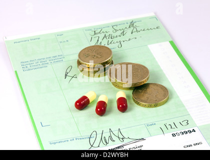 NHS prescription with pound coins and drugs to illustrate the concept of prescription drug costs, UK Stock Photo