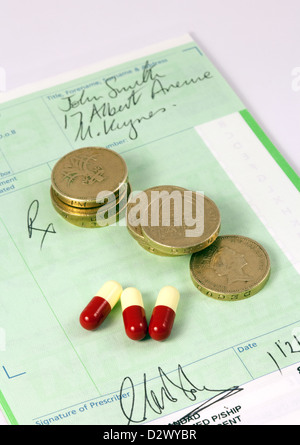 NHS prescription with pound coins and drugs to illustrate the concept of prescription drug costs, UK Stock Photo