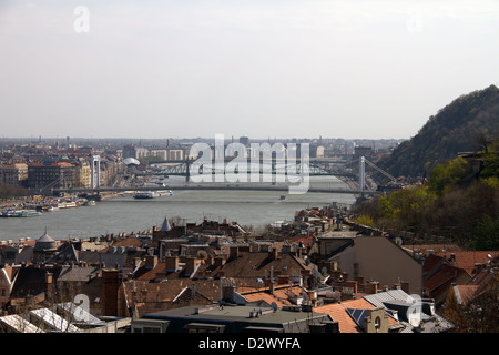Budapest Hungary View from Buda Side with the Gellert Hill on the right and Pest side on the left separated by the River Danube Stock Photo
