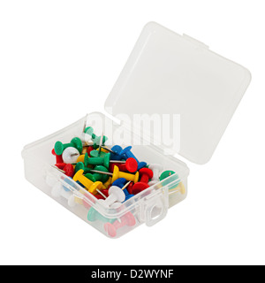 transparent plastic box with thumbtacks isolated on white background Stock Photo