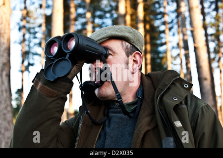 Deer hunter with binoculars in Thetford forest, UK Stock Photo
