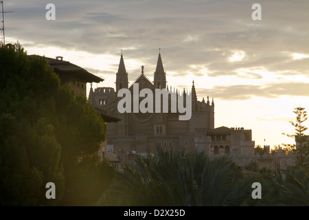 Palma Cathedral Palma de Mallorca Sunset on 22nd December winter solstice, Spain Stock Photo