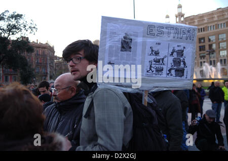 Demonstration of the 'indignados' the night of 2nd Februart against secret bonuses in the spanish governtment and corruption. The demonstration ended in front of the Partido Popular headquarters in Barcelona. The protests begins in Plaça Catalunya. Stock Photo