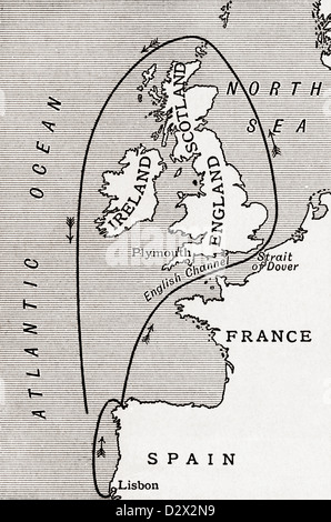 Map showing the route of the Spanish Armada in 1588. From A First Book of British History published 1925. Stock Photo