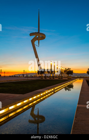Sunset view of Calatrava Tower, Olympic Park, Barcelona, Catalonia, Spain Stock Photo