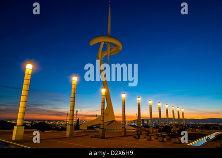 Sunset view of Calatrava Tower, Olympic Park, Barcelona, Catalonia, Spain Stock Photo