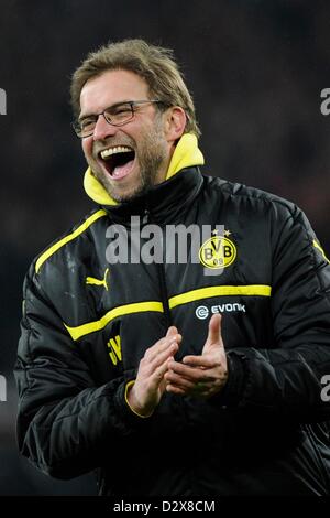 03.02.2013. Leverkusen, Germany.  Dortmund's head coach Juergen Klopp cheers after the German Bundesliga soccer match between Bayer Leverkusen and Borussia Dortmund at BayArena in Leverkusen, Germany. Stock Photo