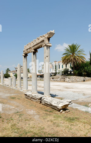 Athens. Greece. Part view of the elegant Ionic peristyle that enclosed the central open space of the ancient Roman Agora. Stock Photo