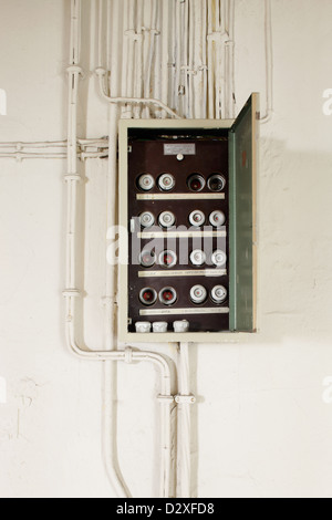 Berlin, Germany, fuse box with fuses and power cables Stock Photo