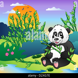 Cartoon panda in bamboo forest - color illustration. Stock Photo