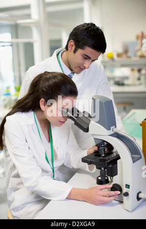 Scientists using microscope in laboratory Stock Photo