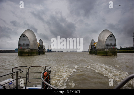 The Thames Barrier flood defense system on the River Thames, London, UK Stock Photo