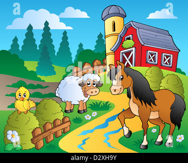 Farm scene with red barn and farm animals, 3D Rendering Stock Photo - Alamy