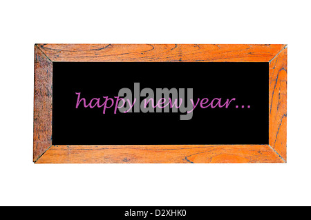 happy new year on black chalkboard with frame. Stock Photo