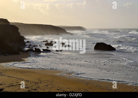 Waves breaking upon Port Blanc beach (Quiberon peninsula, Brittany, France). Stock Photo