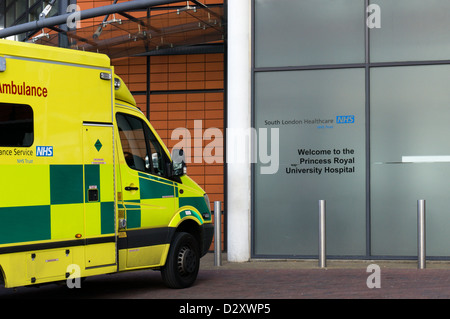 Ambulance outside the A&E Department of the Princess Royal University Hospital, part of the South London Healthcare NHS Trust. Stock Photo