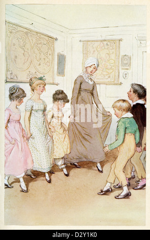 Illustration from the J. M. Barrie play Quality Street, a comedy about two sisters who start a school 'for genteel children'. Stock Photo