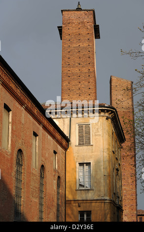 Italy. Pavia. The two medieval towers. Erected between 12th and 13th centuries. Leonardo Da Vinci Square. Stock Photo