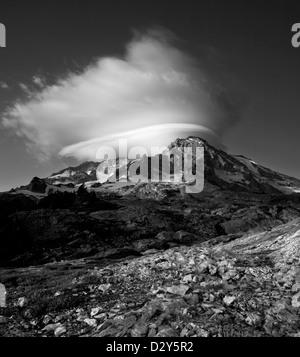 WASHINGTON - Lenticular cloud over Mount Rainier as seen from the Pyramid Peak Backcountry area of Mount Rainier National Park. Stock Photo