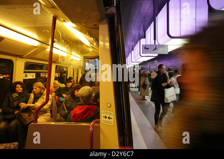 Hamburg, Germany, HafenCity University Metro Station on line U4, Passengers climb aboard Stock Photo