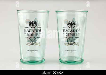 Two limited edition thick glass Bacard glass tumblers celebrating 150 years of production 1862 to 2012 Stock Photo