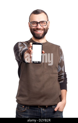 Young man holding a mobile phone Stock Photo