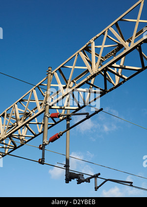 Overhead power lines for electric trains in the UK Stock Photo