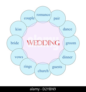 Wedding concept circular diagram in pink and blue with great terms such as romance, couple, kiss, bride, vows and more. Stock Photo