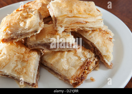 Large plate filled with fresh, home made flaky and delicious baklava. Stock Photo