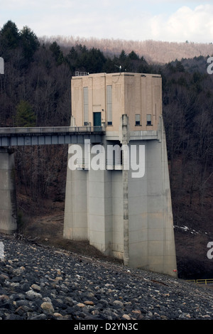 Colebrook, Connecticut at Colebrrok River Dam and reservoir with very low water levels. Stock Photo