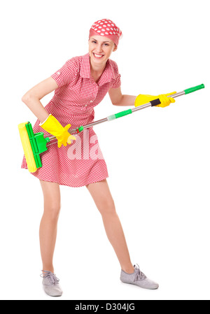 Playful charwoman with mop Isolated on white background Stock Photo