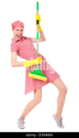 Playful charwoman with mop Isolated on white background Stock Photo