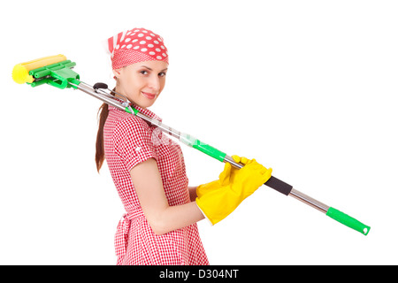 Charwoman in uniform with mop on her sholder. Isolated on white background Stock Photo