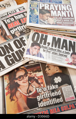 Front pages on several days worth of newspapers report on the controversy involving Manti Te'o and his alleged girlfriend Stock Photo