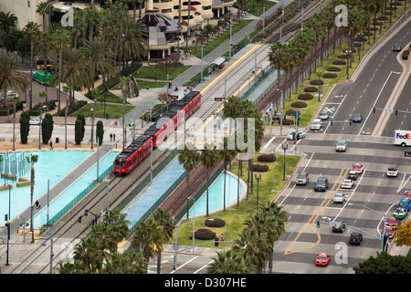 San Diego, California - The San Diego Trolley runs through the city's downtown, next to Harbor Drive. Stock Photo