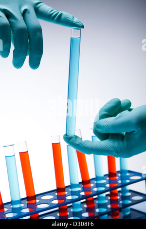 Scientist in laboratory examinates samples and chemical fluids Stock Photo