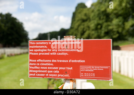 Maintenance sign at Ancre British cemetery at Beaumont-Hamel on the Somme battles of 1916 in the First World War Stock Photo