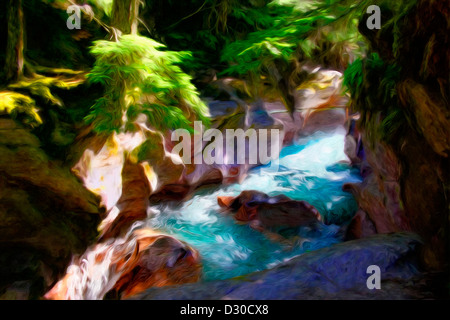 Beautiful painting of a forested Avalanche Creek shining in the sun as it splashes through carved red and purple rocks Stock Photo