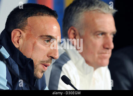 Paris, France. 5th February 2013. France's head coach Didier Deschamps and player Franck Ribery take part in a press conference held by the French  national soccer team at the Stade de France in Paris, France, 05 February 2013. German will play France on 06 February 2013. Photo: ANDREAS GEBERT/dpa/Alamy Live News