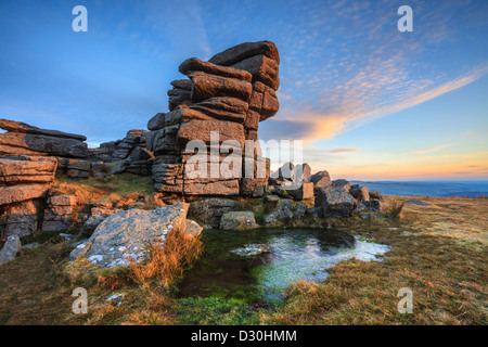 Great Staple Tor in the Dartmoor National Park, captured shortly before sunset on a winters afternoon. Stock Photo