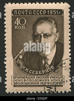 USSR - CIRCA 1951: Postage stamps printed in USSR dedicated to Alexey Nikolaevich Severtsov (1866-1936), Russian biologist, circa 1951. Stock Photo
