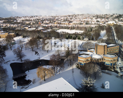 Aerial view of Weston park and University of Sheffield's Geography building covered in snow during bad weather February 2013 UK Stock Photo
