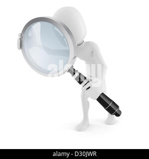 3d man with a big magnifying glass, on white background Stock Photo