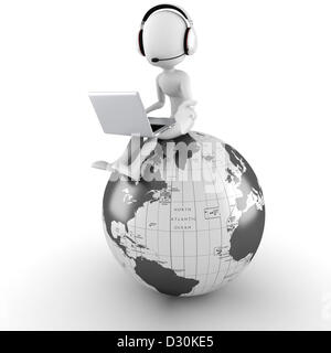 3d man and laptop sitting on earth globe Stock Photo