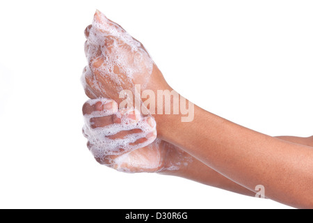 African American woman washing hands, isolated on white background Stock Photo