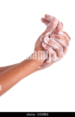 African American woman washing hands, isolated on white background Stock Photo