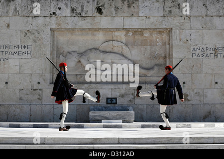 Presidential Guards (Evzones) performing in front of the Tomb of the Unknown Soldier, Athens, Greece. Stock Photo