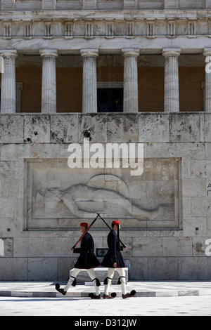 Presidential Guards (Evzones) performing in front of the Tomb of the Unknown Soldier, Athens, Greece. Stock Photo