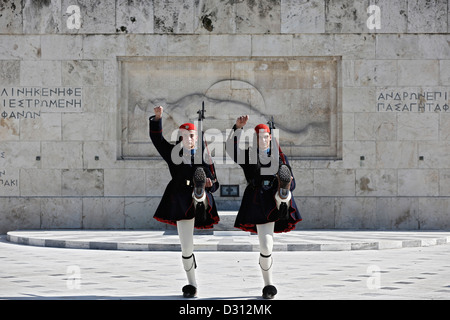 Presidential Guards (Evzones) performing in front of the Tomb of the Unknown Soldier, Athens, Greece. Stock Photo